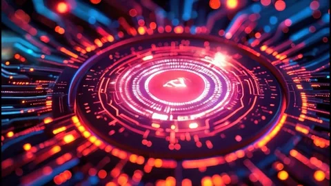 Glowing AI Core Futuristic Intelligence Circuit in Red and Blue Pulse Stock Footage 313533996