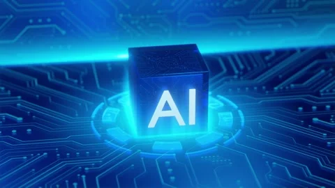 Glowing AI Cube on Digital Circuit Board Stock Footage 276488598