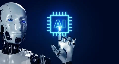 Glowing AI digital computer chip icon pressing by 3d rendering robot hand o.. Stock Illustration