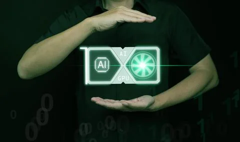 A glowing AI GPU floating between two hands, symbolizing advanced artificia.. Foto stock