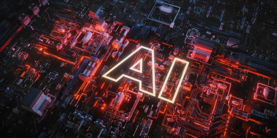 Glowing AI logo on a complex circuit board Futuristic 3D render of a digita.. Stock Illustration