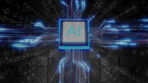 Glowing AI Microchip with Digital Data Circuits Stock Footage 336011292