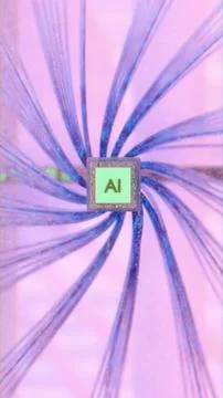 Glowing AI microchip with radiating blue neural cables on pink background, .. 스톡 일러스트
