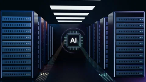 Glowing AI processor receives data in a blue server corridor Stock Footage 346168528
