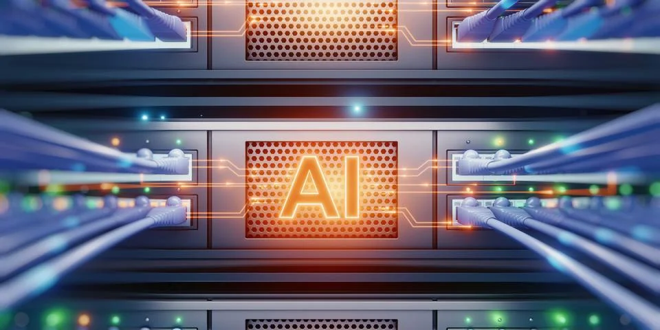 Glowing AI Server in Data Center with Connected Network Cables Stock Illustration
