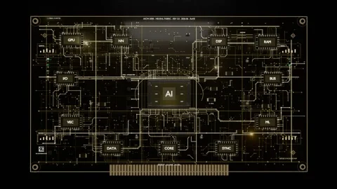 Glowing AI square initiating PCB schematic reveal on dark screen, highlighting Stock-Footage 337964604