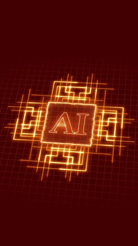 Glowing AI text in digital circuit grid with orange light. Glowing AI text .. Stock Footage 345721034
