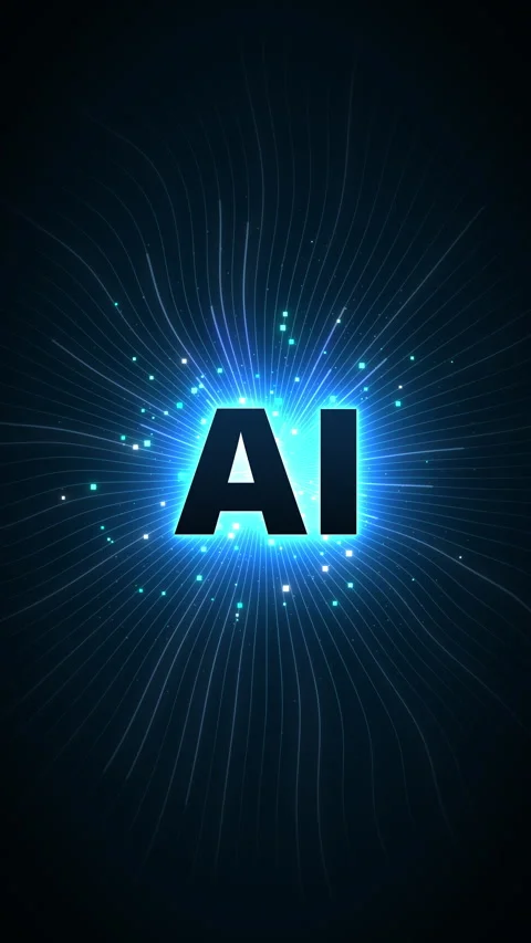 Glowing AI Text With Radiating Blue Data Lines Seamless Vertical Loop Stockbeeldmateriaal 335267047