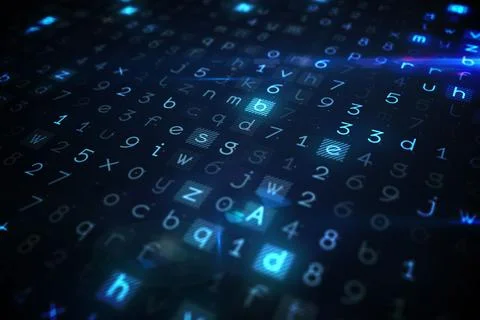 Glowing alphanumeric characters are floating on 3D render digital grid with Stock Photos