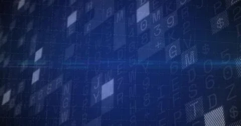 Glowing alphanumeric characters moving across grid lines with bright hatched  Foto stock