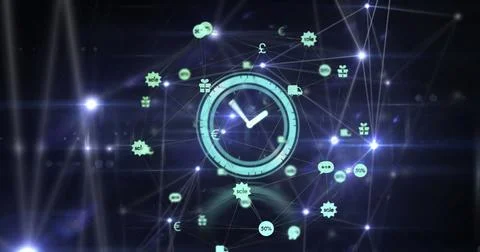 Glowing analog clock face connecting network and floating currency, marketing Stock Illustration