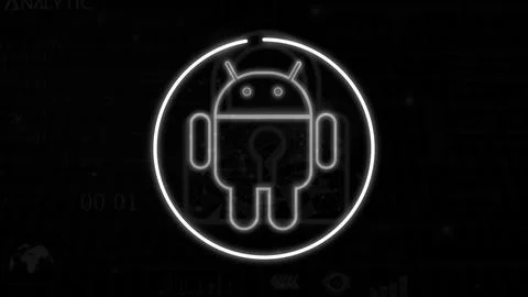 Glowing Android system device logo design illustration background. Stock Illustration