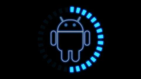 Glowing Android system device logo design illustration background. Stock Illustration