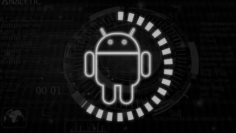 Glowing Android system device logo design illustration background. Stock Illustration