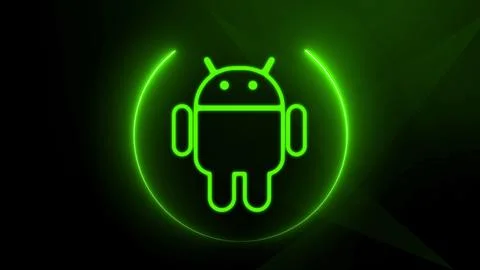 Glowing Android system device logo design illustration background. Stock Illustration