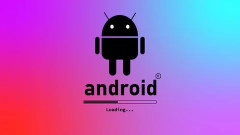 Glowing Android system device logo design illustration background. Stock Illustration