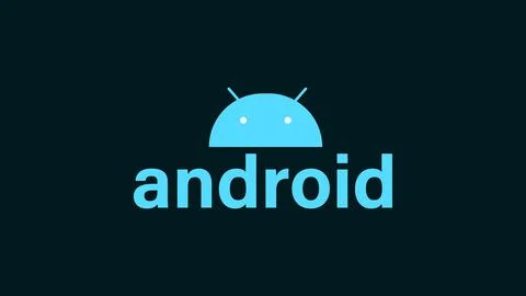 Glowing Android system device logo design illustration background. Stock Illustration