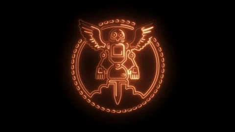 Glowing animated robot emblem with wings and sword on dark background video Stock Footage 316674530