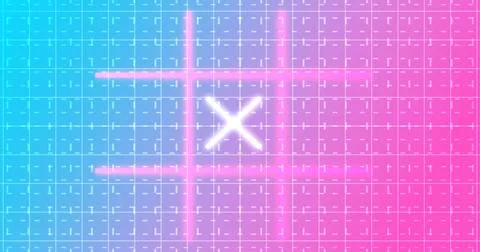 Glowing animated Tic Tac Toe Game Icon on a grid background.Neon Tic Tac To.. Stock Illustration