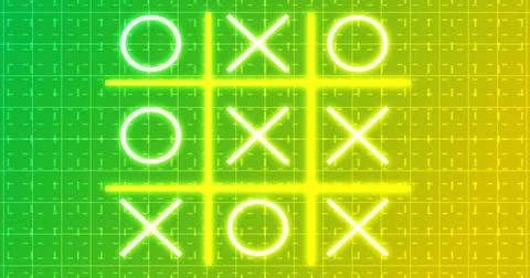 Glowing animated Tic Tac Toe Game Icon on a grid background.Neon Tic Tac To.. Stock Illustration
