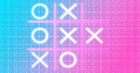 Glowing animated Tic Tac Toe Game Icon on a grid background.Neon Tic Tac To.. Stock Illustration