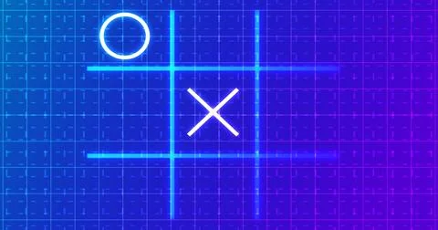 Glowing animated Tic Tac Toe Game Icon on a grid background.Neon Tic Tac To.. Stock Illustration