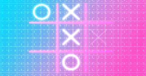 Glowing animated Tic Tac Toe Game Icon on a grid background.Neon Tic Tac To.. Stock Illustration