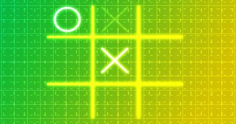 Glowing animated Tic Tac Toe Game Icon on a grid background.Neon Tic Tac To.. Stock Illustration