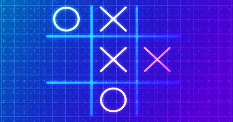 Glowing animated Tic Tac Toe Game Icon on a grid background.Neon Tic Tac To.. Stock Illustration