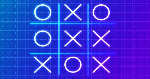 Glowing animated Tic Tac Toe Game Icon on a grid background.Neon Tic Tac To.. Stock Illustration