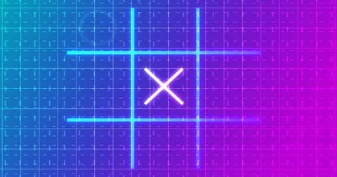 Glowing animated Tic Tac Toe Game Icon on a grid background. Neon Tic Tac T.. Stock Illustration