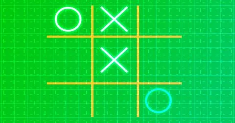 Glowing animated Tic Tac Toe Game Icon on a grid background. Neon Tic Tac T.. Stock Illustration