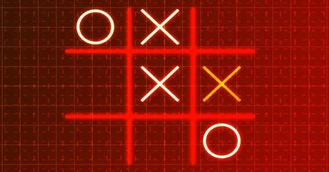 Glowing animated Tic Tac Toe Game Icon on a grid background. Neon Tic Tac T.. Stock Illustration