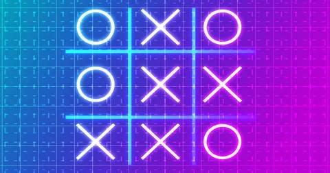 Glowing animated Tic Tac Toe Game Icon on a grid background. Neon Tic Tac T.. Stock Illustration