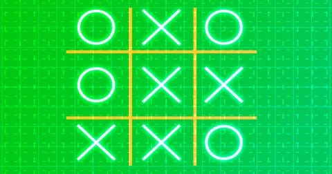 Glowing animated Tic Tac Toe Game Icon on a grid background. Neon Tic Tac T.. Stock Illustration