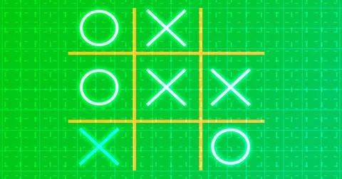 Glowing animated Tic Tac Toe Game Icon on a grid background. Neon Tic Tac T.. Stock Illustration