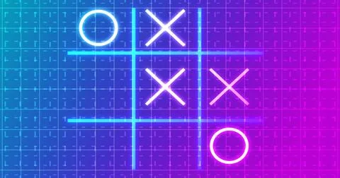 Glowing animated Tic Tac Toe Game Icon on a grid background. Neon Tic Tac T.. Stock Illustration