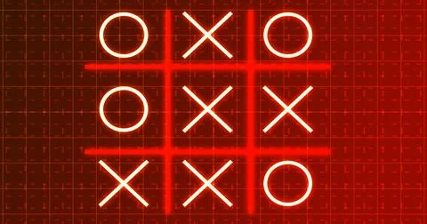 Glowing animated Tic Tac Toe Game Icon on a grid background. Neon Tic Tac T.. Stock Illustration