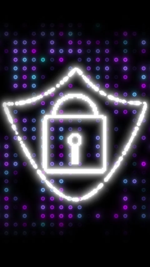 Glowing animated White Padlock and Shield Icon on a Colorful Dot Matrix Bac.. Stock Footage 344858296