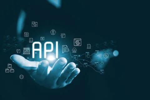 Glowing API concept floating above human hand connected digital icon repres.. 스톡 사진