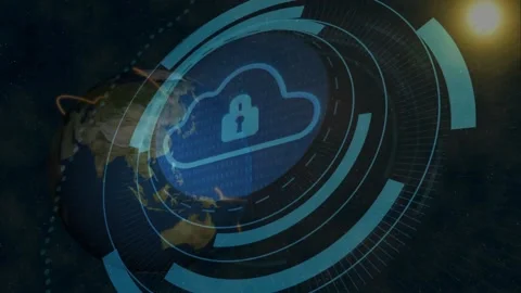 Glowing arc appearing, blue HUD rings expanding, rotating, centering cloudlock Stock Footage 328223892