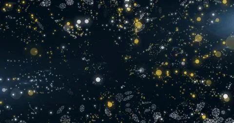 Glowing array of snowflake motifs and bokeh lights filling dark backdrop, Stock Illustration