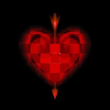 Glowing arrow of Cupid pierced cellular red heart. Icon of Valentines day. Stock Illustration