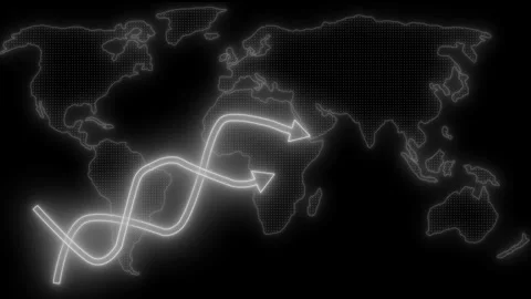 Glowing arrows crossing over a world map on a dark background Stock Footage 316710077