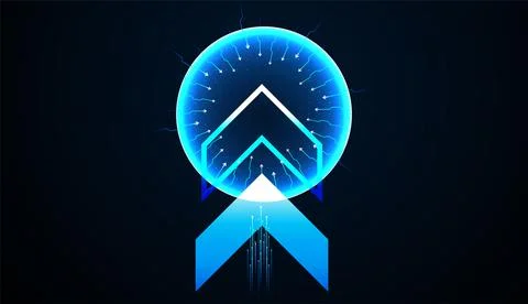 Glowing arrows surge upward inside a sphere, symbolizing quantum technology.. Stock Illustration