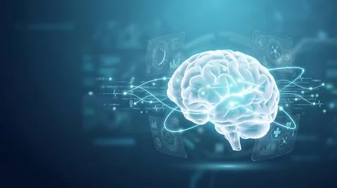 Glowing Artificial Intelligence Brain with Digital Technology Network Stock Illustration