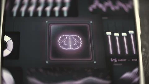 Glowing artificial intelligence brain icon sits beside equalizer sliders Fotos de archivo
