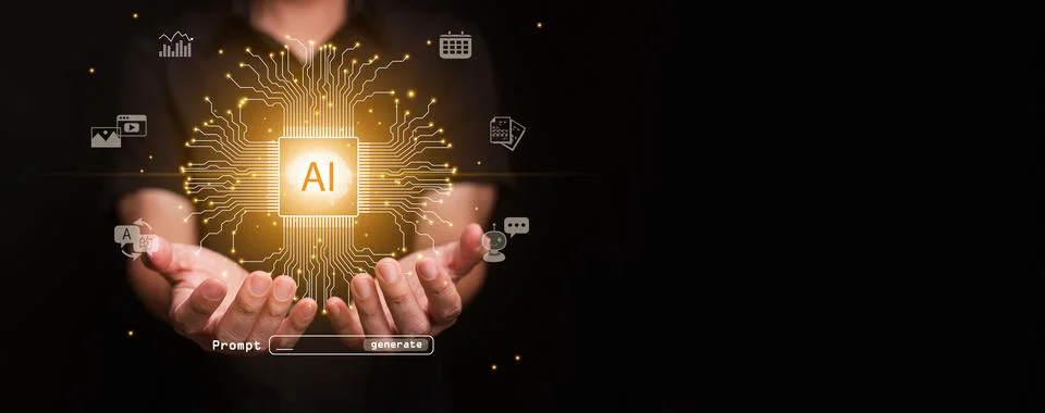 Glowing artificial intelligence chip on human hands with icons of the uses .. Stock Photos