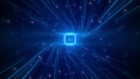 Glowing artificial intelligence chip radiating light streaks star particles Stock Footage 333857578