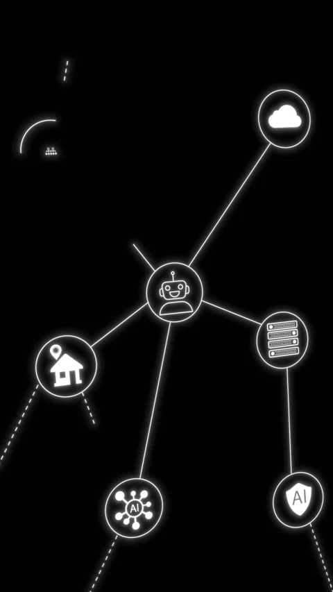 Glowing artificial intelligence icons connect network lines background, automati Stock Footage 340568670